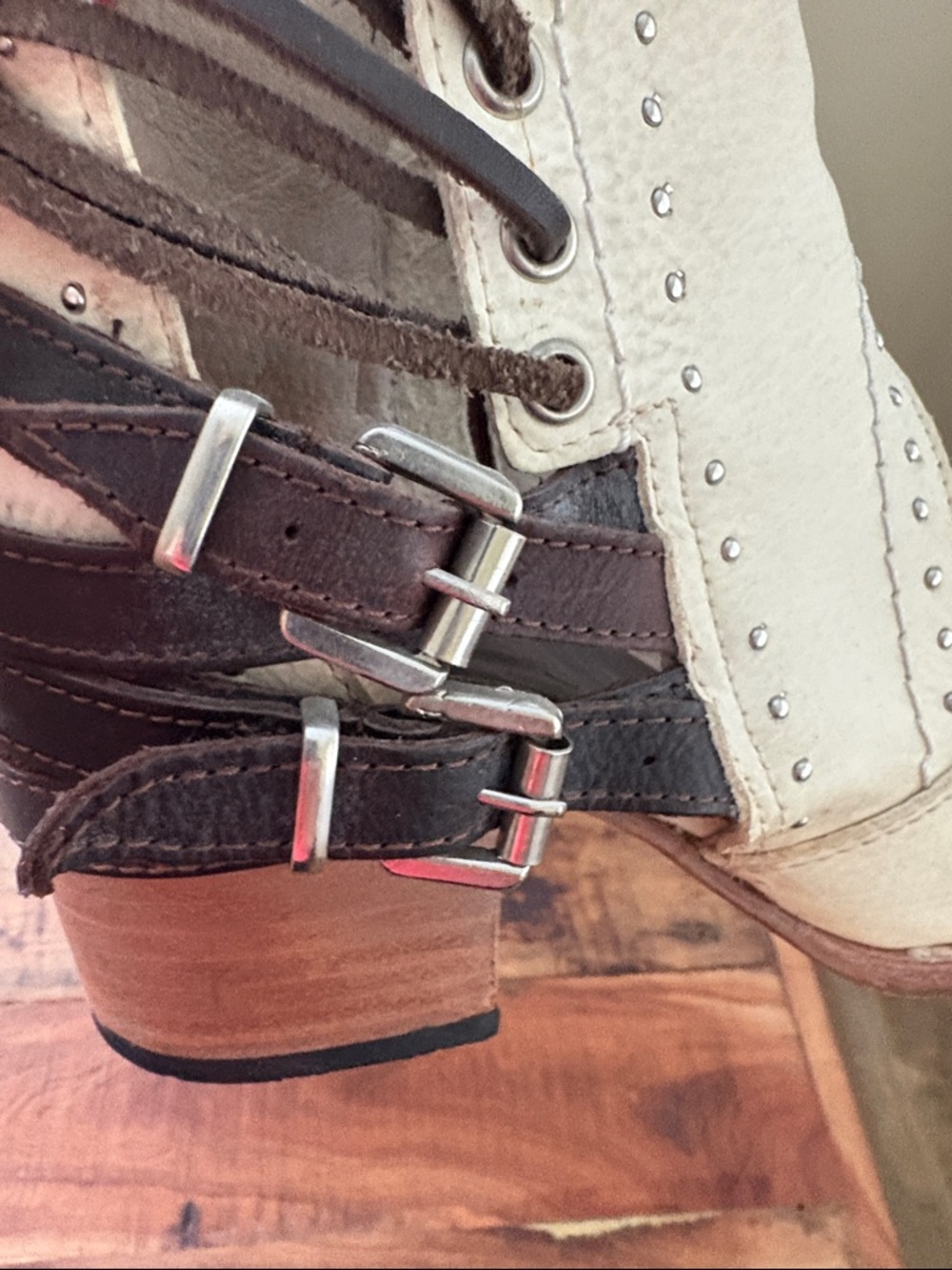 Freebird Leather Cutout Ankle Booties in Cream and Brown - Picture 5 of 6